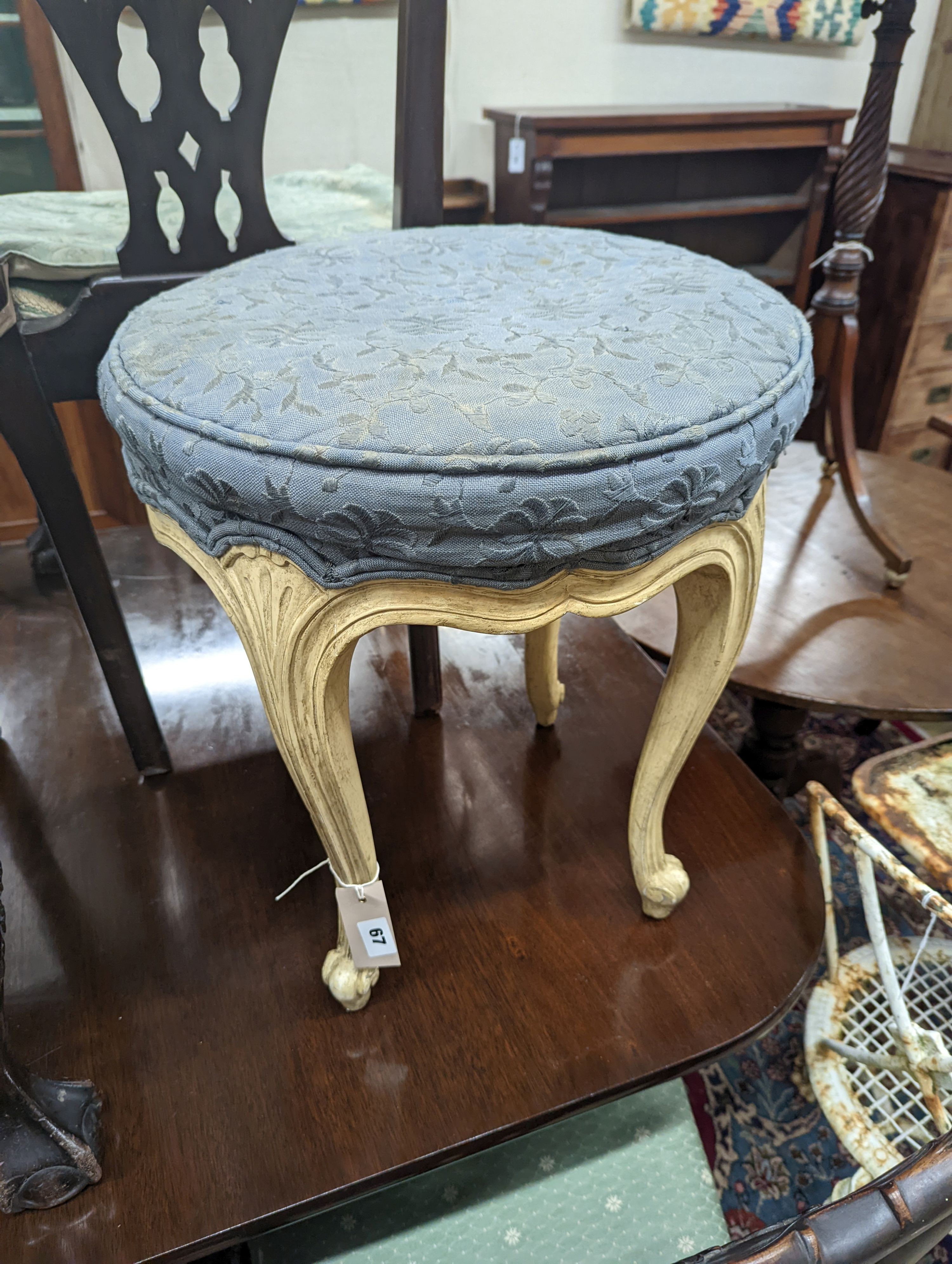 A 1930's painted circular cabriole leg dressing stool, diameter 44cm, height 48cm